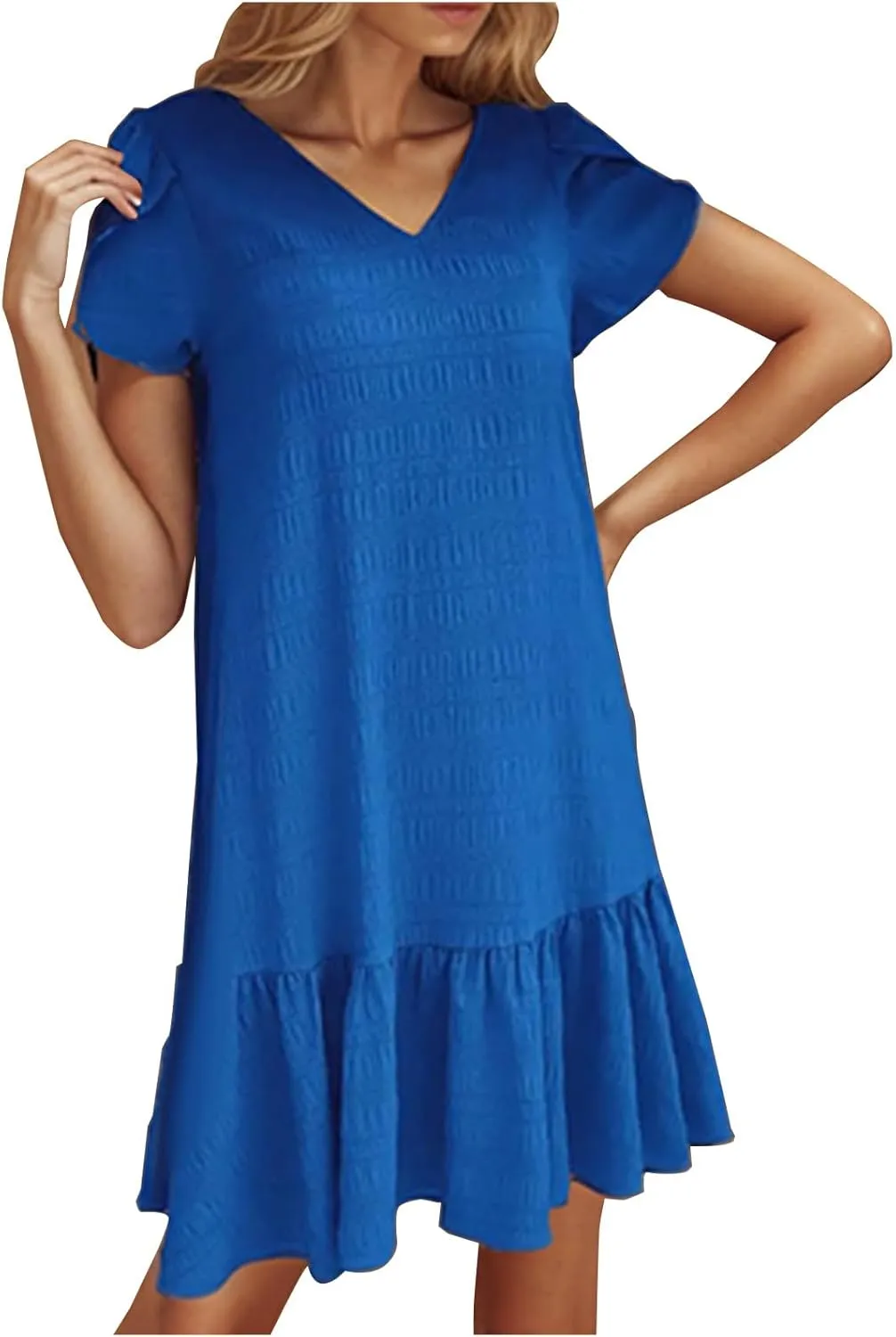 Women Ruffle Hem T Shirt Dress Summer Bubbles Textured Petal Short Sleeve Mini Dresses Casual V Neck Tunic Dress