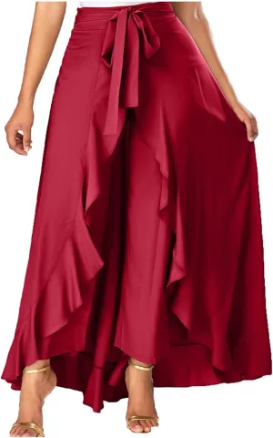 Women Ruffle Pants Flowy Trousers with Skirt High Waist Maxi Skirts Dressy Casual Skirts Lace Up Overlay Pant Skirts