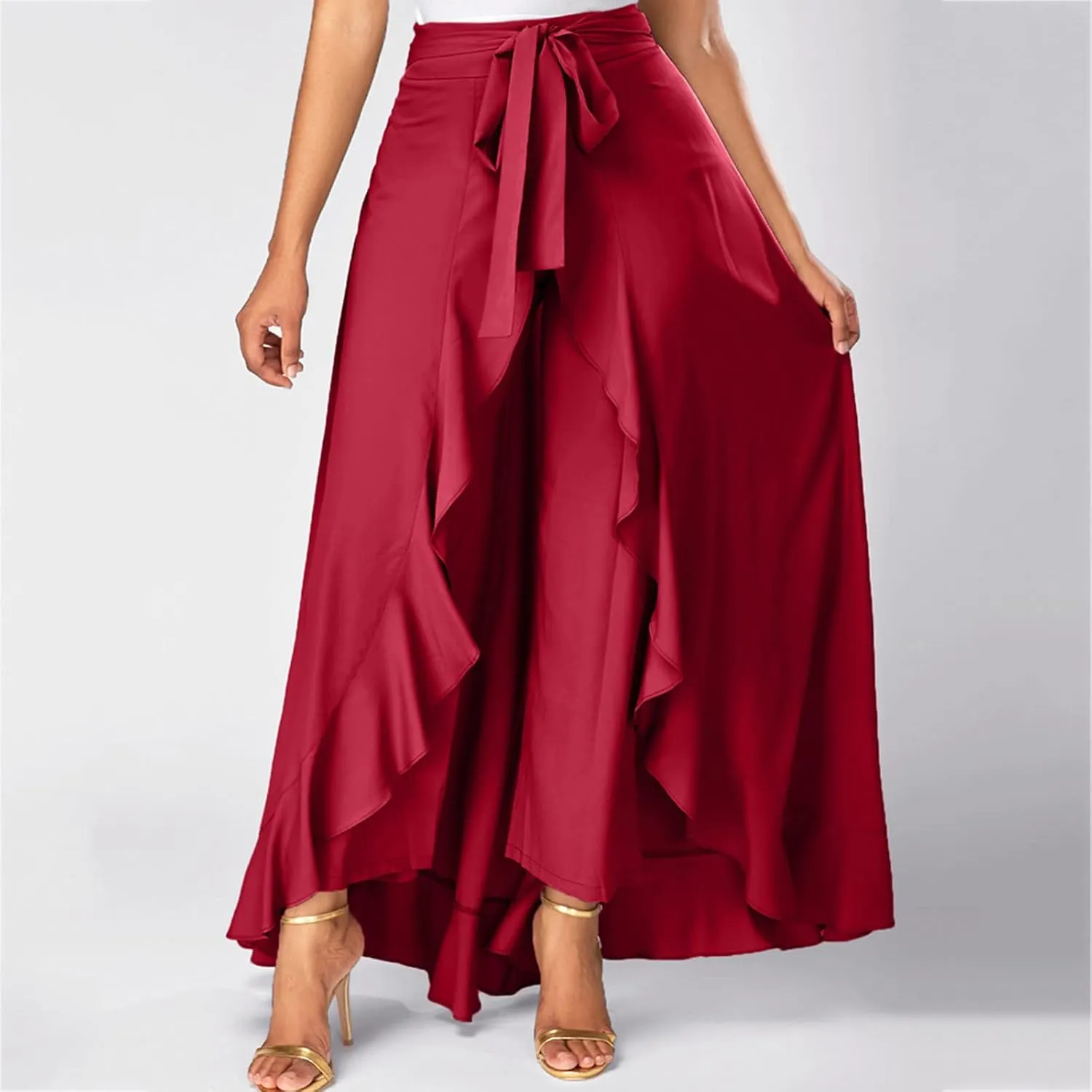 Women Ruffle Pants Flowy Trousers with Skirt High Waist Maxi Skirts Dressy Casual Skirts Lace Up Overlay Pant Skirts