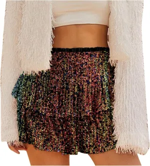 Women Sequin Skirt Sparkly Cute High Waist Ruffle Flowy Shiny Glitter Y2K Mini Short Skirts Night Out Club Party