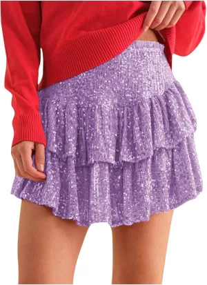 Women Sequin Skirt Sparkly Cute High Waist Ruffle Flowy Shiny Glitter Y2K Mini Short Skirts Night Out Club Party