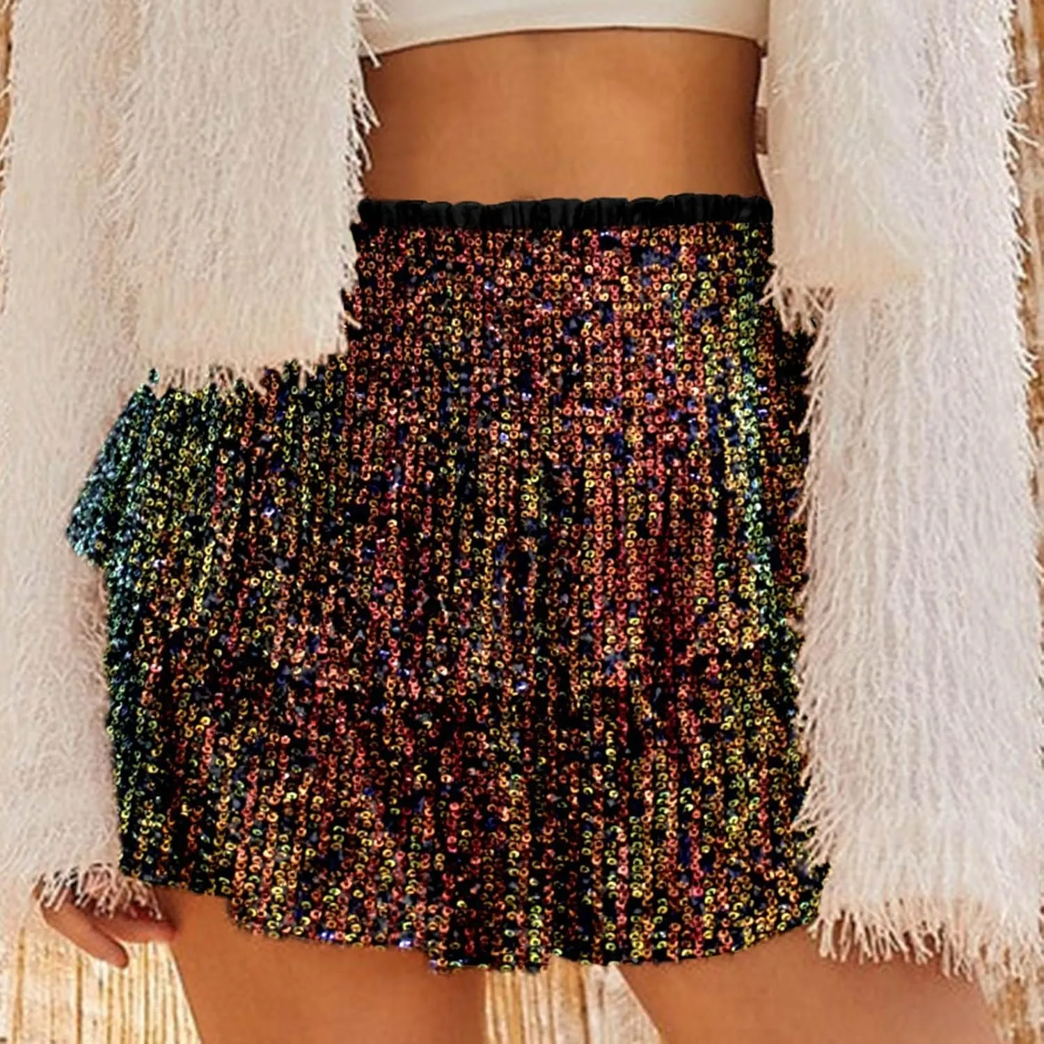 Women Sequin Skirt Sparkly Cute High Waist Ruffle Flowy Shiny Glitter Y2K Mini Short Skirts Night Out Club Party
