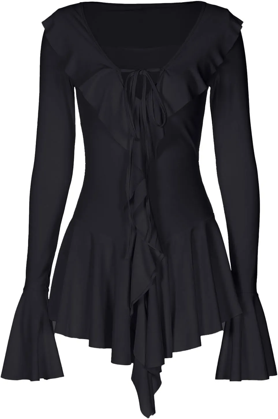Women Sexy V Neck Dresses Tie Front Ruffle Mini Beach Dress Long Sleeve Casual Slim Fit Solid Color Ruched Bodycon Dress 2025