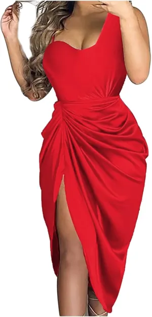 Women Spring Fashion, Women's Solid Color Sexy Sequin Slit Maxi Smocked One Shoulder Evening Dress