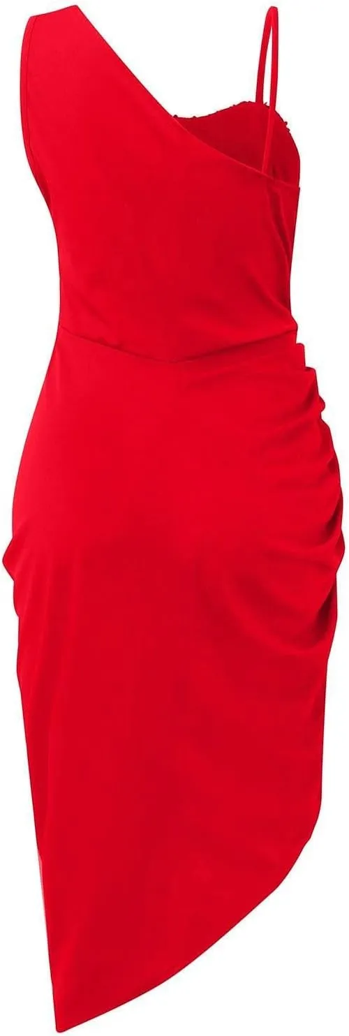 Women Spring Fashion, Women's Solid Color Sexy Sequin Slit Maxi Smocked One Shoulder Evening Dress