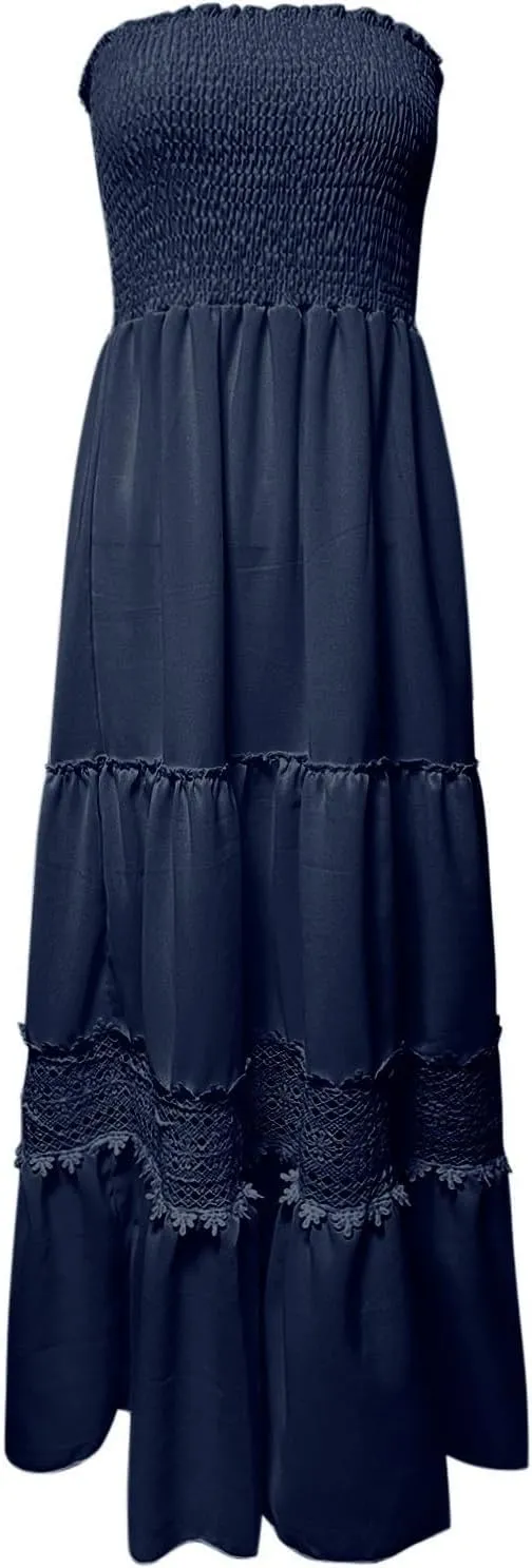 Women Strapless Boho Summer Maxi Dresses Backless Off Shoulder Lace Trim Flowy Swing Casual Long Dress Beach Sundress