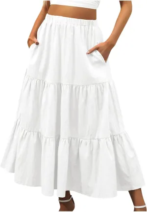 Women Summer Boho Skirt Flowy Ruffle Skirts with Pockets A-Line Midi Skirt Tiered Pleated Skirts Elastic Waist Skirt