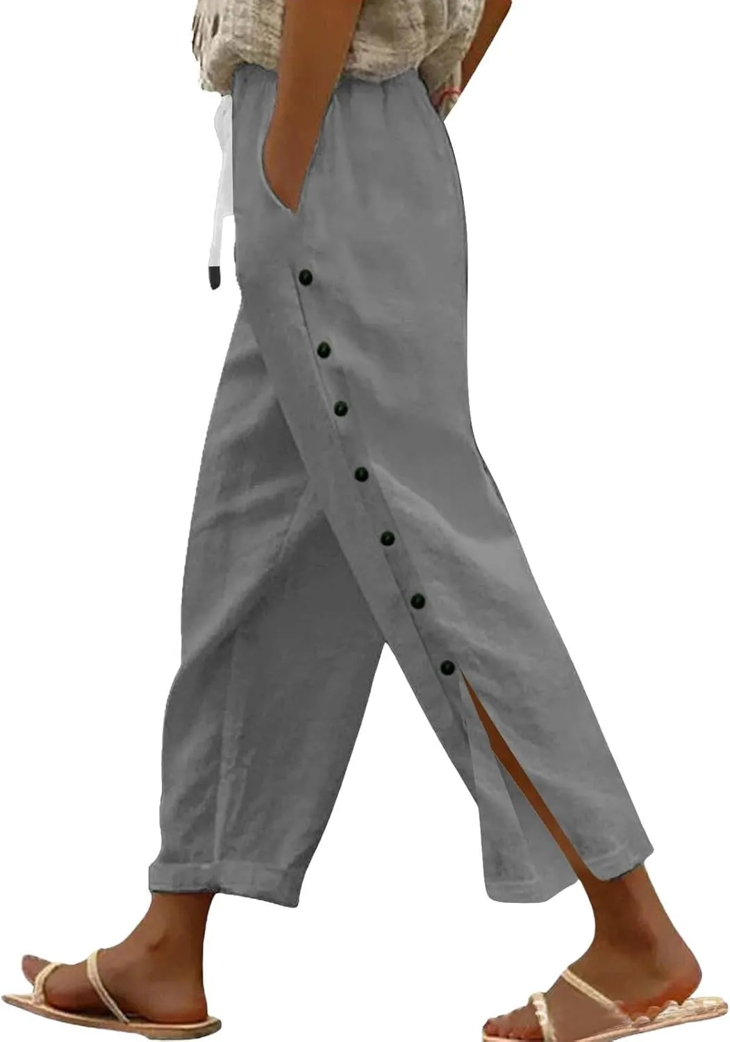 Women Summer Casual Linen Pants Striped Side Button Pants Baggy Elastic Waist Straight Leg Trousers with Pocket