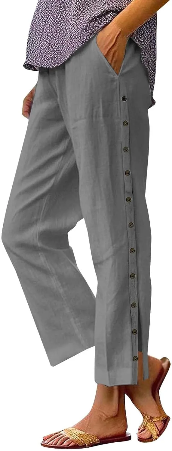 Women Summer Casual Linen Pants Striped Side Button Pants Baggy Elastic Waist Straight Leg Trousers with Pocket