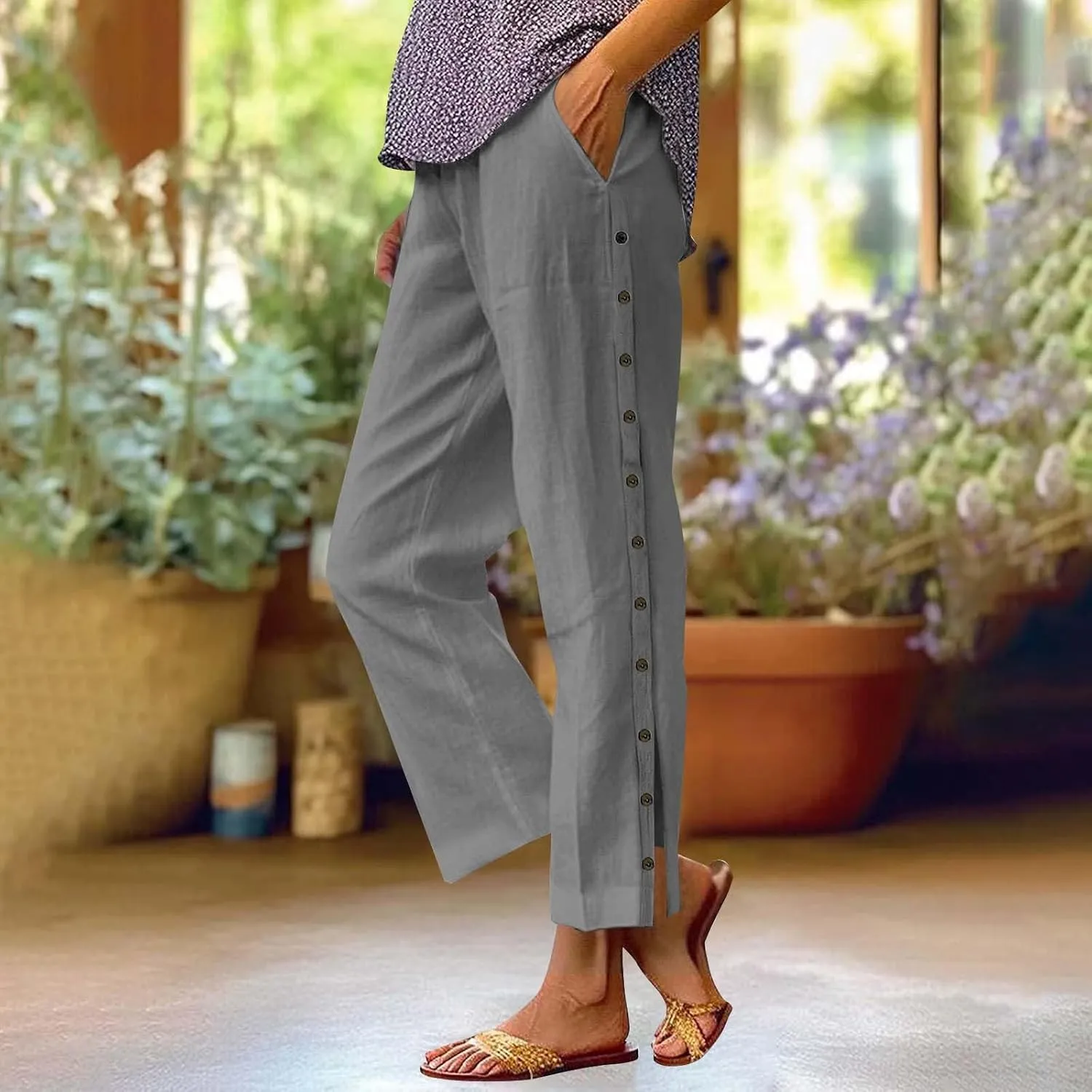 Women Summer Casual Linen Pants Striped Side Button Pants Baggy Elastic Waist Straight Leg Trousers with Pocket