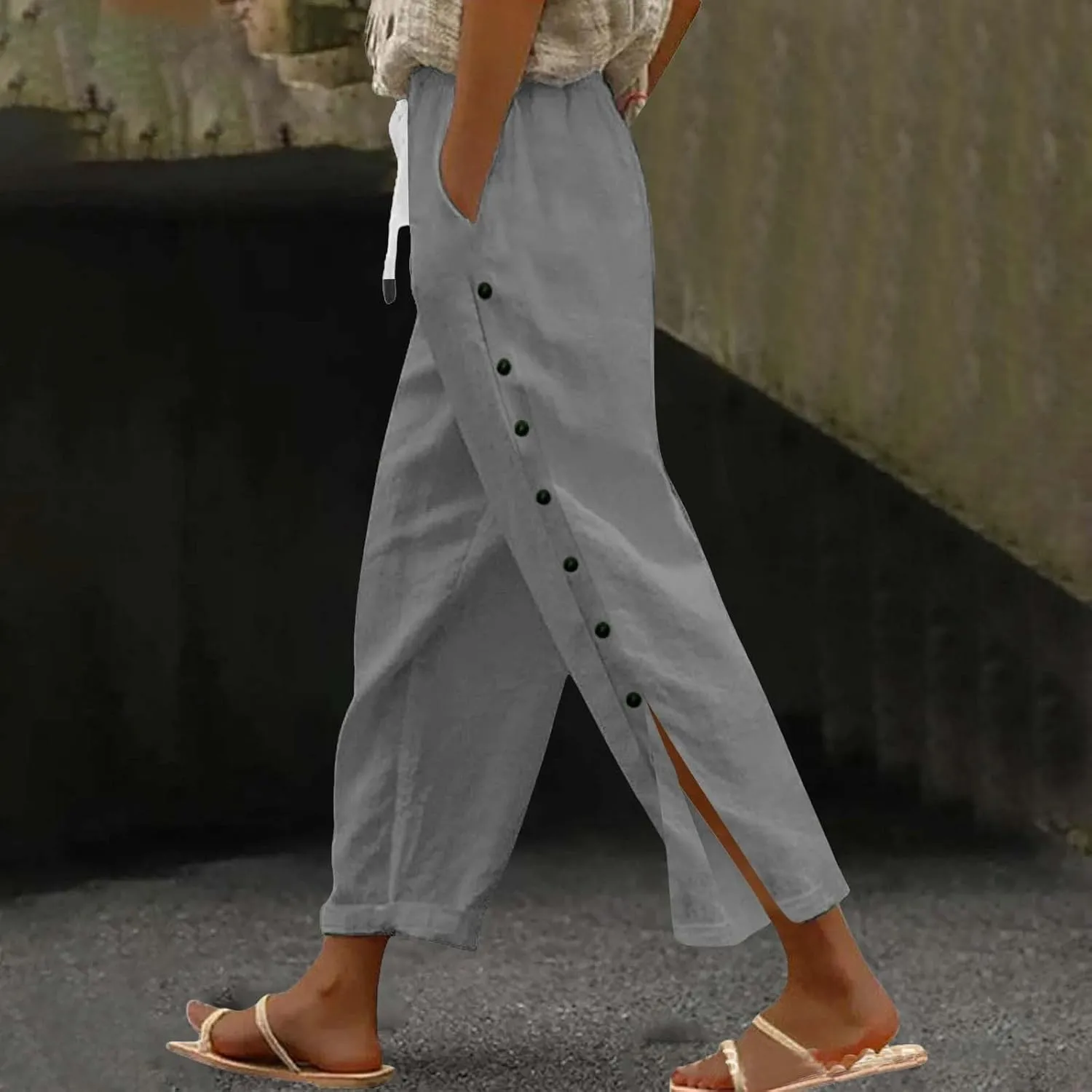 Women Summer Casual Linen Pants Striped Side Button Pants Baggy Elastic Waist Straight Leg Trousers with Pocket