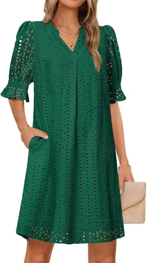 Women Summer Hollow Out Mini Dress Short Sleeve V Neck A-Line Summer Ruffle Hem Floral Eyelet Beach Party Short Sundress