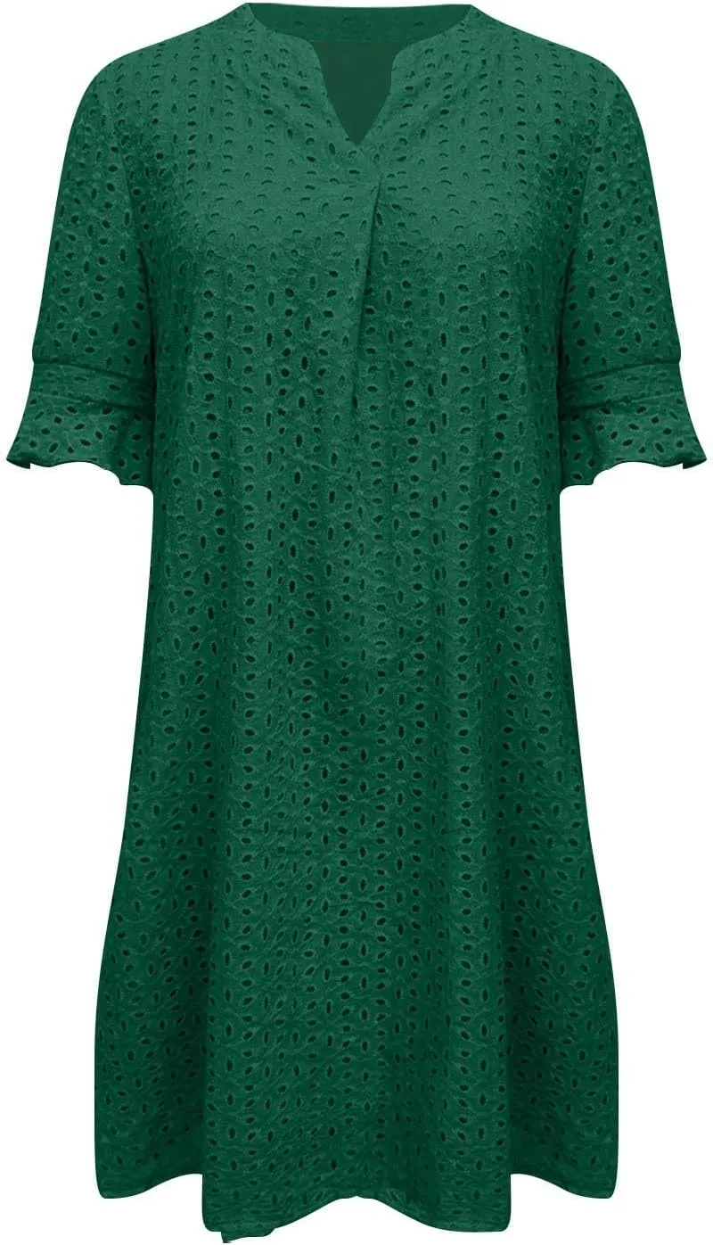 Women Summer Hollow Out Mini Dress Short Sleeve V Neck A-Line Summer Ruffle Hem Floral Eyelet Beach Party Short Sundress
