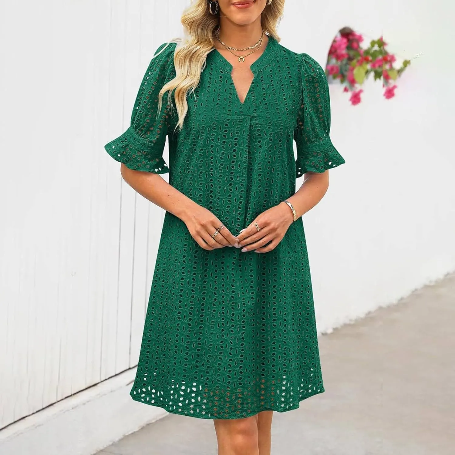 Women Summer Hollow Out Mini Dress Short Sleeve V Neck A-Line Summer Ruffle Hem Floral Eyelet Beach Party Short Sundress