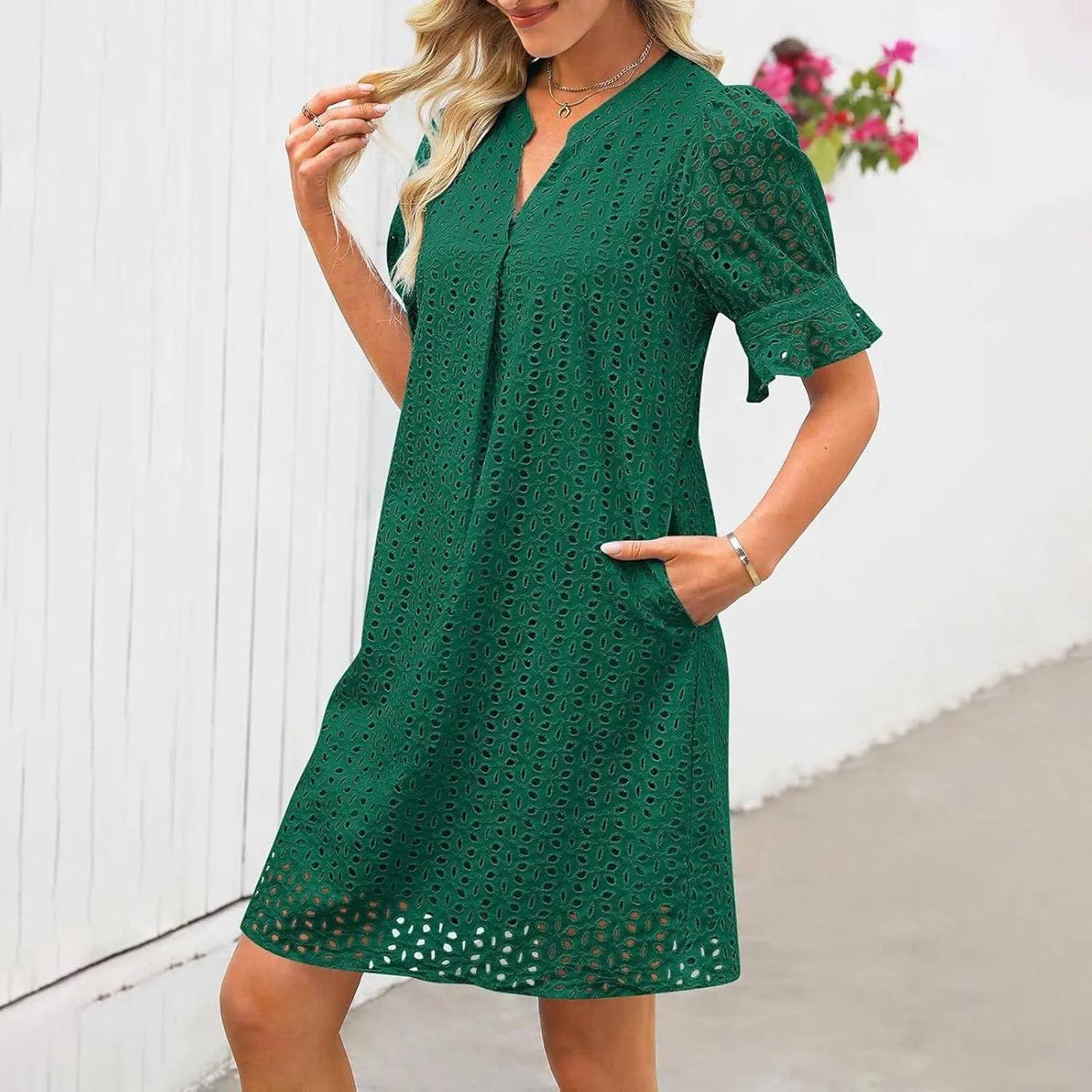 Women Summer Hollow Out Mini Dress Short Sleeve V Neck A-Line Summer Ruffle Hem Floral Eyelet Beach Party Short Sundress