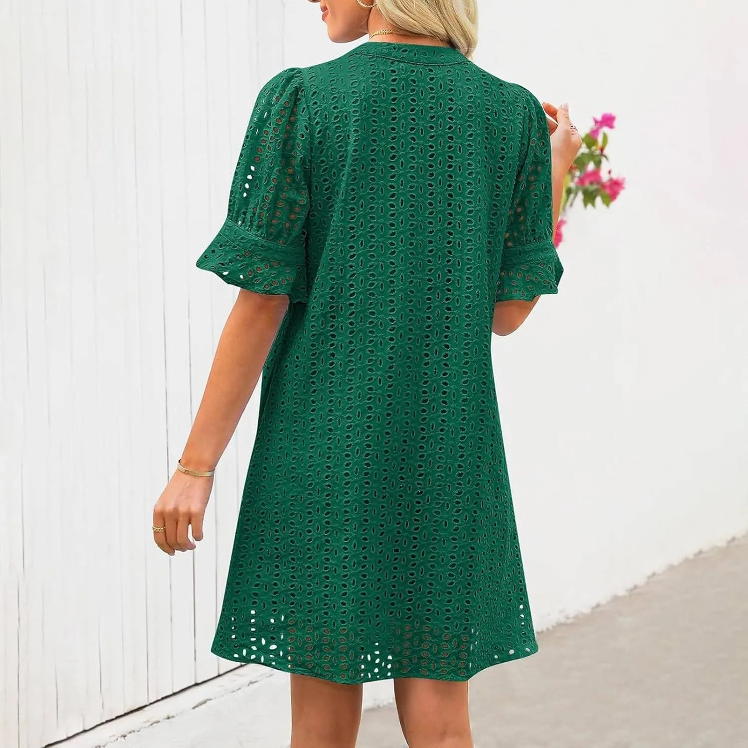 Women Summer Hollow Out Mini Dress Short Sleeve V Neck A-Line Summer Ruffle Hem Floral Eyelet Beach Party Short Sundress