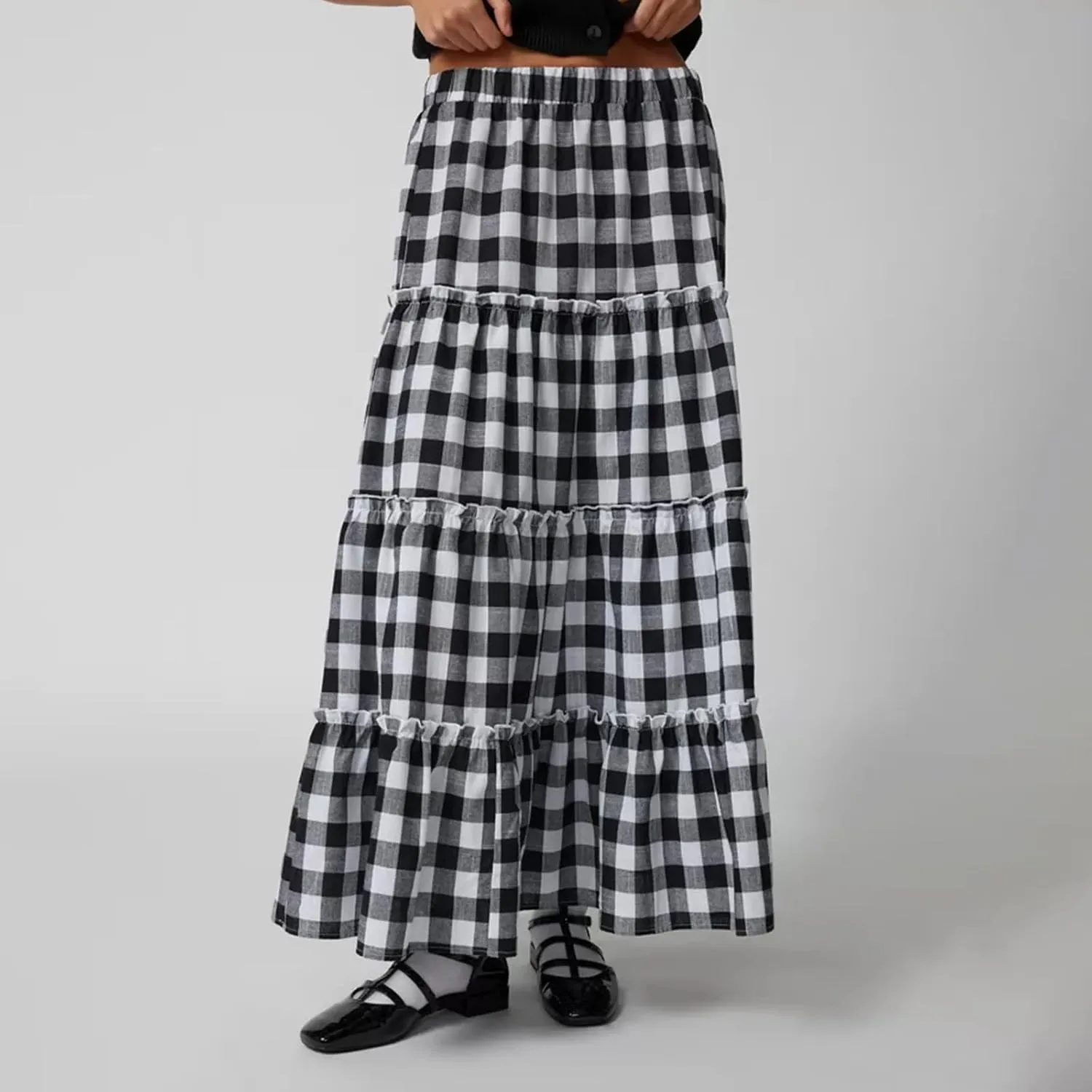 Women Y2K Plaid Tiered Maxi Skirts Elastic High Waist Gingham Pleated Long Skirt Vintage Flowy A Line Swing Skirts