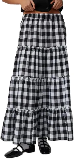 Women Y2K Plaid Tiered Maxi Skirts Elastic High Waist Gingham Pleated Long Skirt Vintage Flowy A Line Swing Skirts