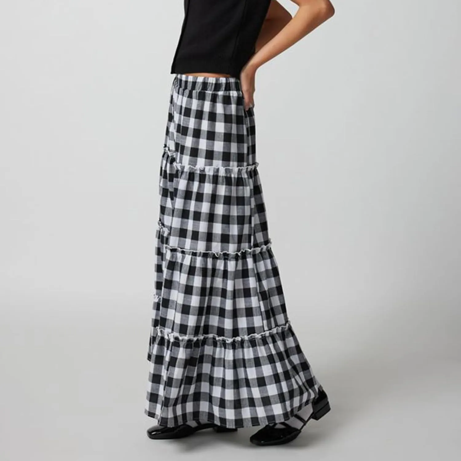 Women Y2K Plaid Tiered Maxi Skirts Elastic High Waist Gingham Pleated Long Skirt Vintage Flowy A Line Swing Skirts