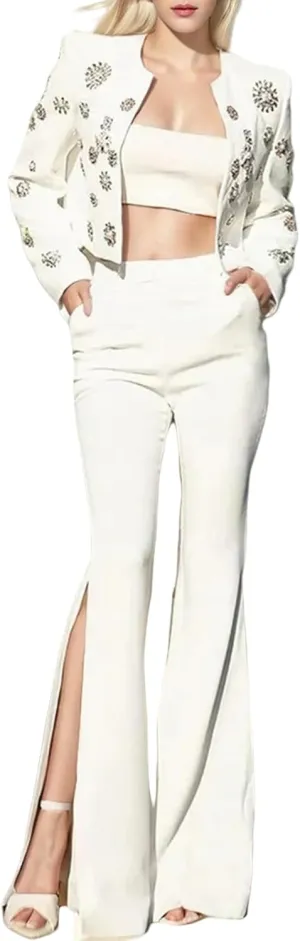 Women's 2 Piece Diamond Pearl Pant Suit Set Slim Fit Luxury Jacket Pants Party Wedding Outfits