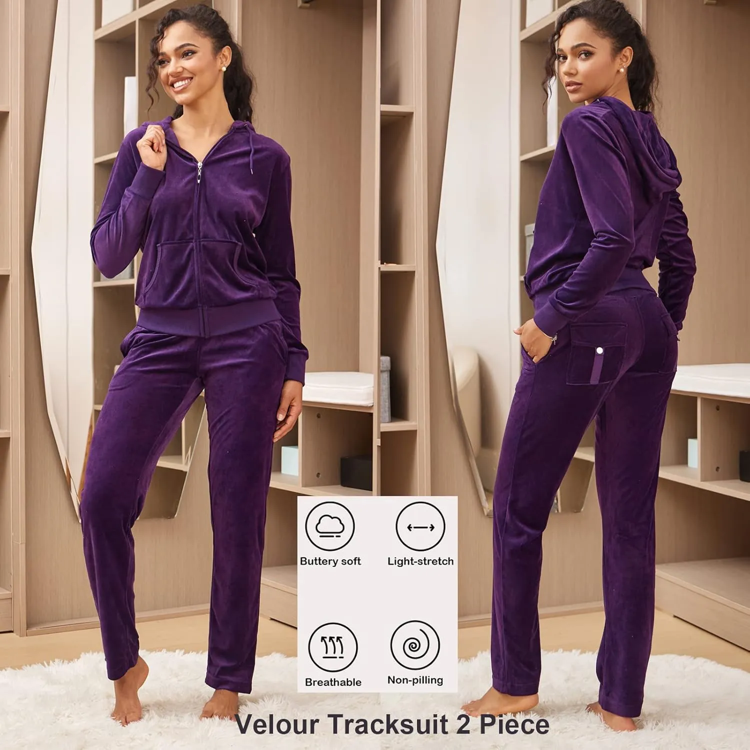 Womens 2 Piece Outfits Velour Tracksuits Long Sleeve Sports Sweatsuits Jogging Velvet Lounge Set