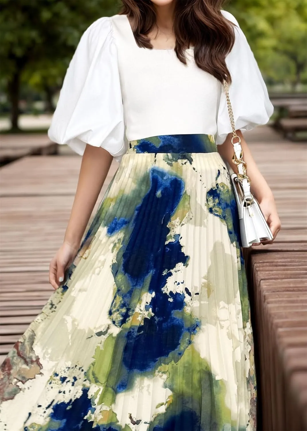 Women's 2025 High Waist Floral Long Skirts Boho Pleated Swing A Line Beach Maxi Skirt