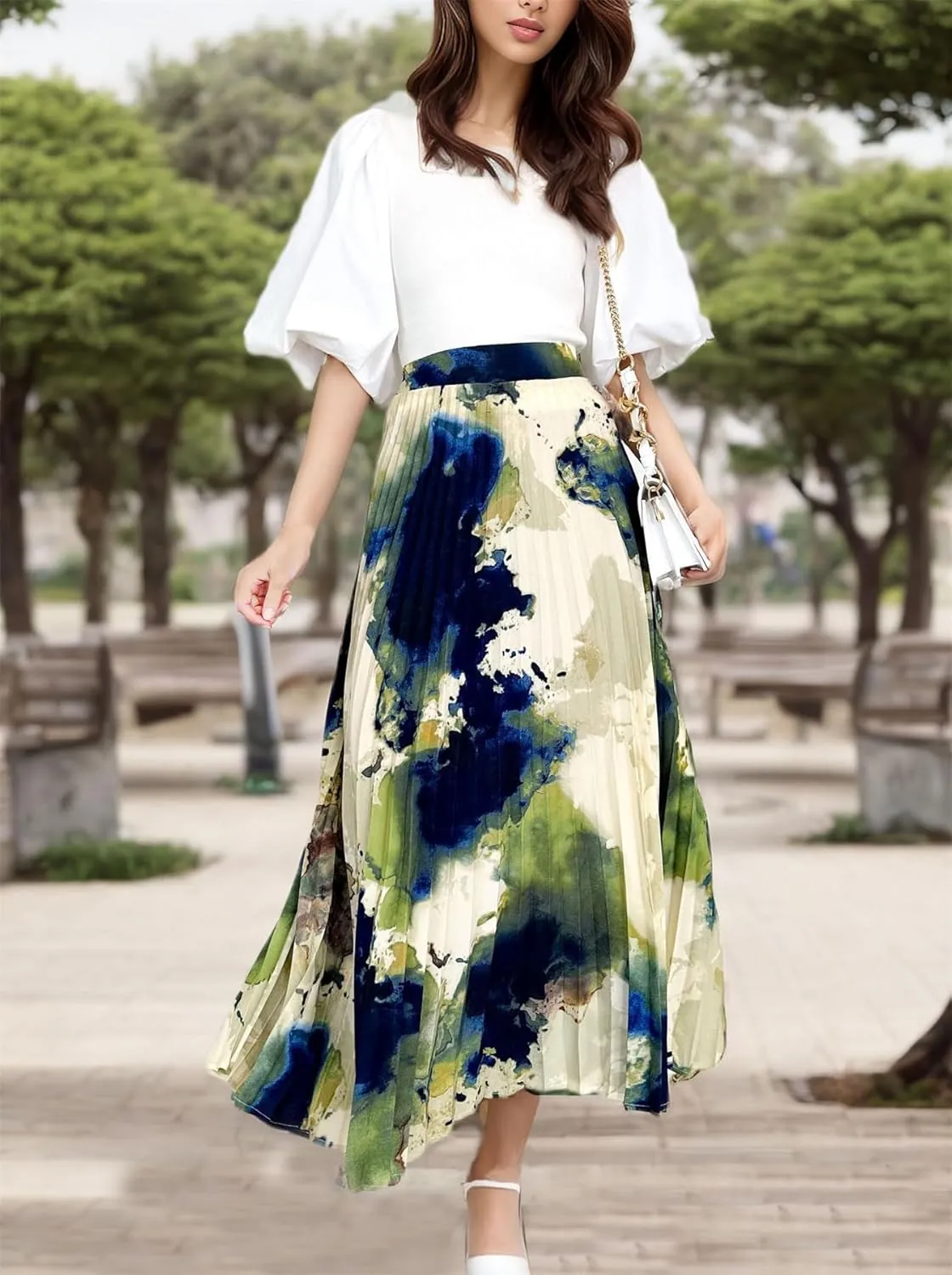 Women's 2025 High Waist Floral Long Skirts Boho Pleated Swing A Line Beach Maxi Skirt