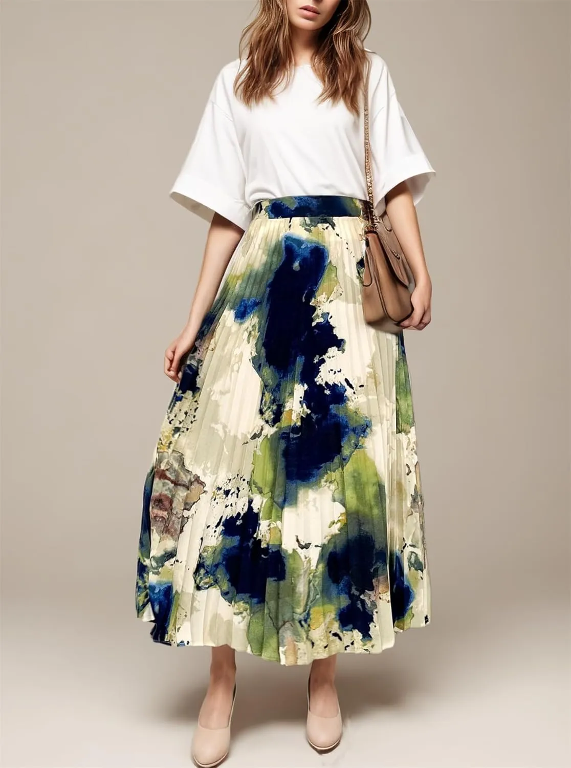 Women's 2025 High Waist Floral Long Skirts Boho Pleated Swing A Line Beach Maxi Skirt