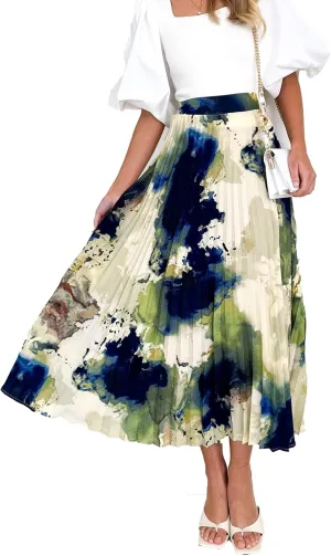 Women's 2025 High Waist Floral Long Skirts Boho Pleated Swing A Line Beach Maxi Skirt
