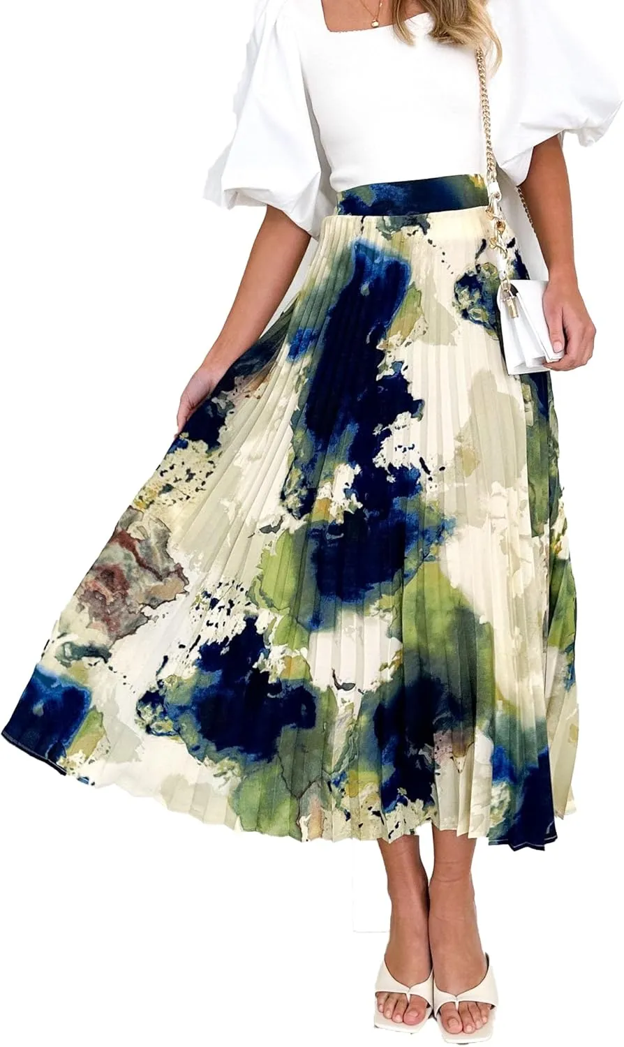 Women's 2025 High Waist Floral Long Skirts Boho Pleated Swing A Line Beach Maxi Skirt