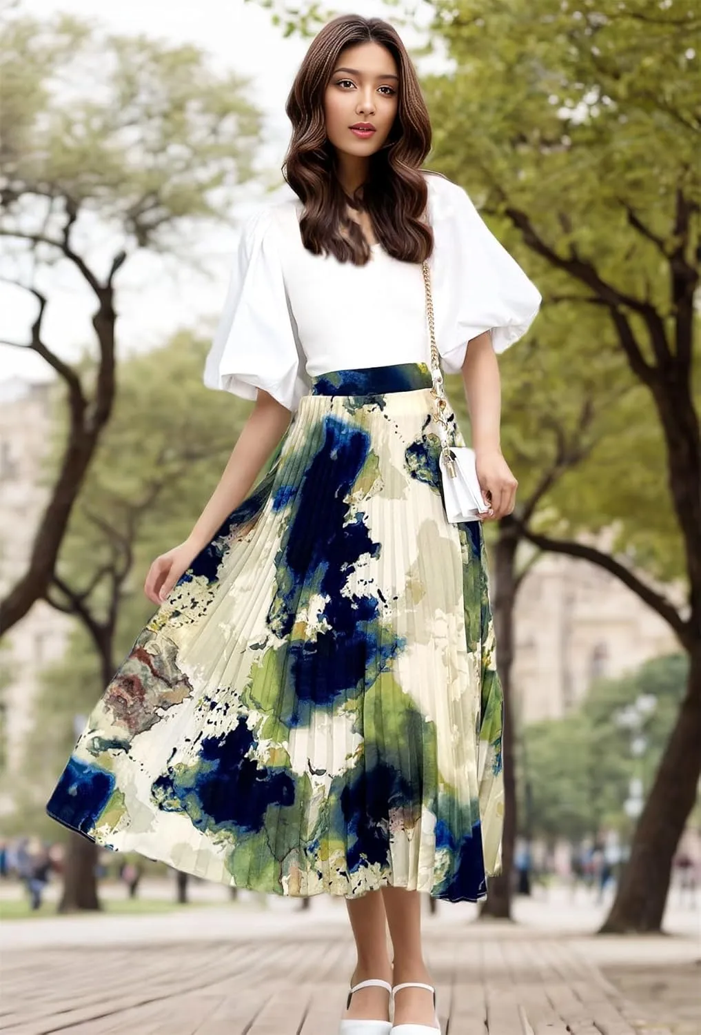 Women's 2025 High Waist Floral Long Skirts Boho Pleated Swing A Line Beach Maxi Skirt