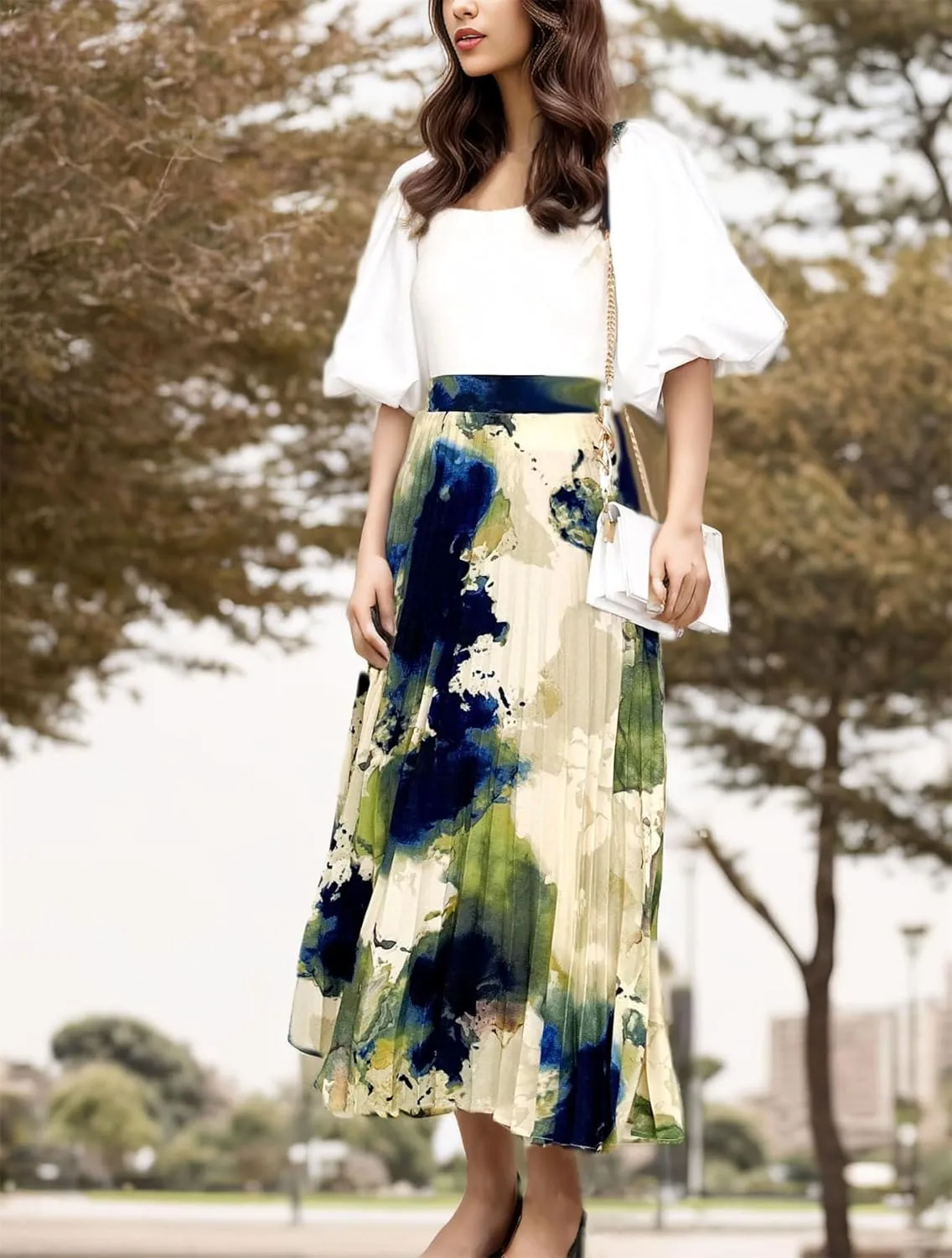 Women's 2025 High Waist Floral Long Skirts Boho Pleated Swing A Line Beach Maxi Skirt