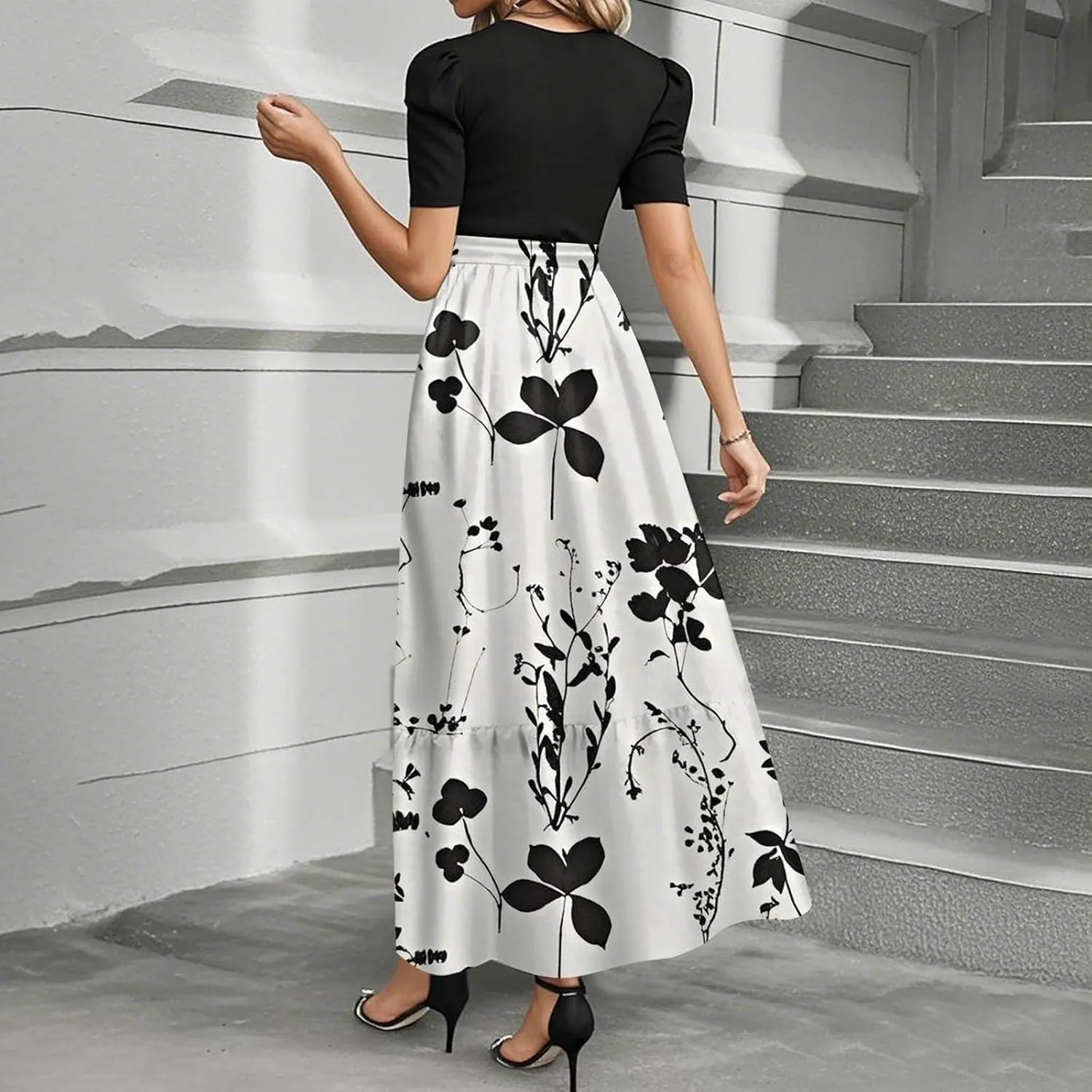 Women's 2025 Summer Floral Midi Dress Cap Sleeve V Neck Ruffle Long Flowy Boho Casual Beach Vacation Dresses