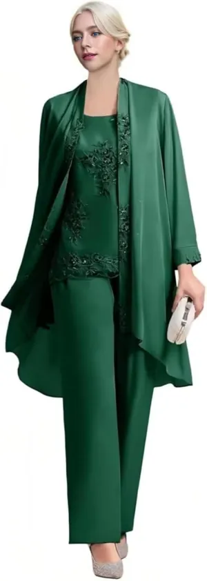 Women's 3 pcs Mother of The Bride Pant Suits Dressy Casual Long Sleeve Pantsuit for Wedding Guest