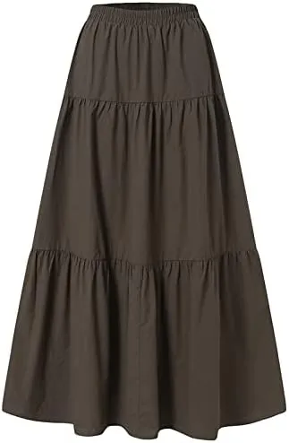 Women's Bohemian Cotton Linen Maxi Skirt Summer Flowy Casual Elastic Waist Tiered Beach Vacation Long Skirt