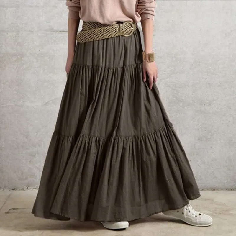 Women's Bohemian Cotton Linen Maxi Skirt Summer Flowy Casual Elastic Waist Tiered Beach Vacation Long Skirt