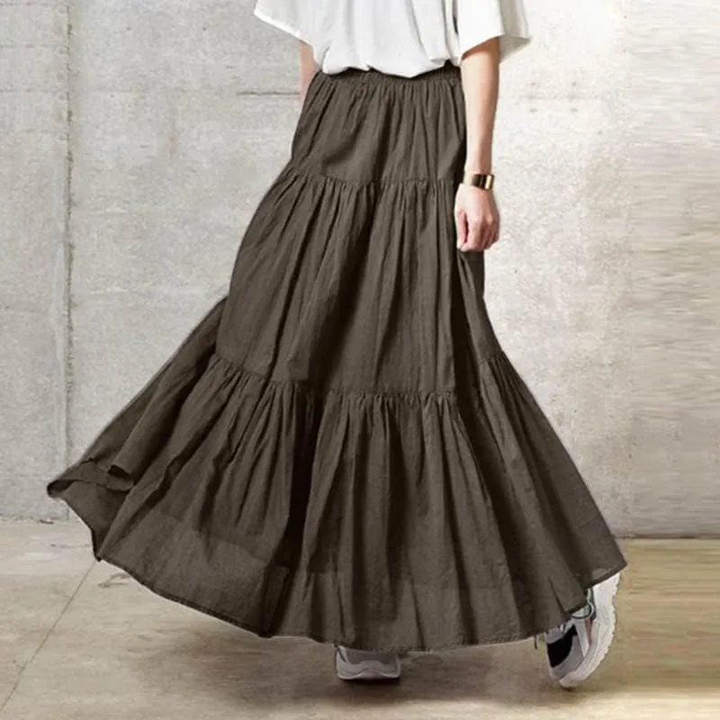 Women's Bohemian Cotton Linen Maxi Skirt Summer Flowy Casual Elastic Waist Tiered Beach Vacation Long Skirt