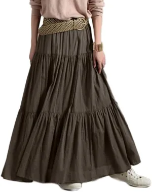 Women's Bohemian Cotton Linen Maxi Skirt Summer Flowy Casual Elastic Waist Tiered Beach Vacation Long Skirt