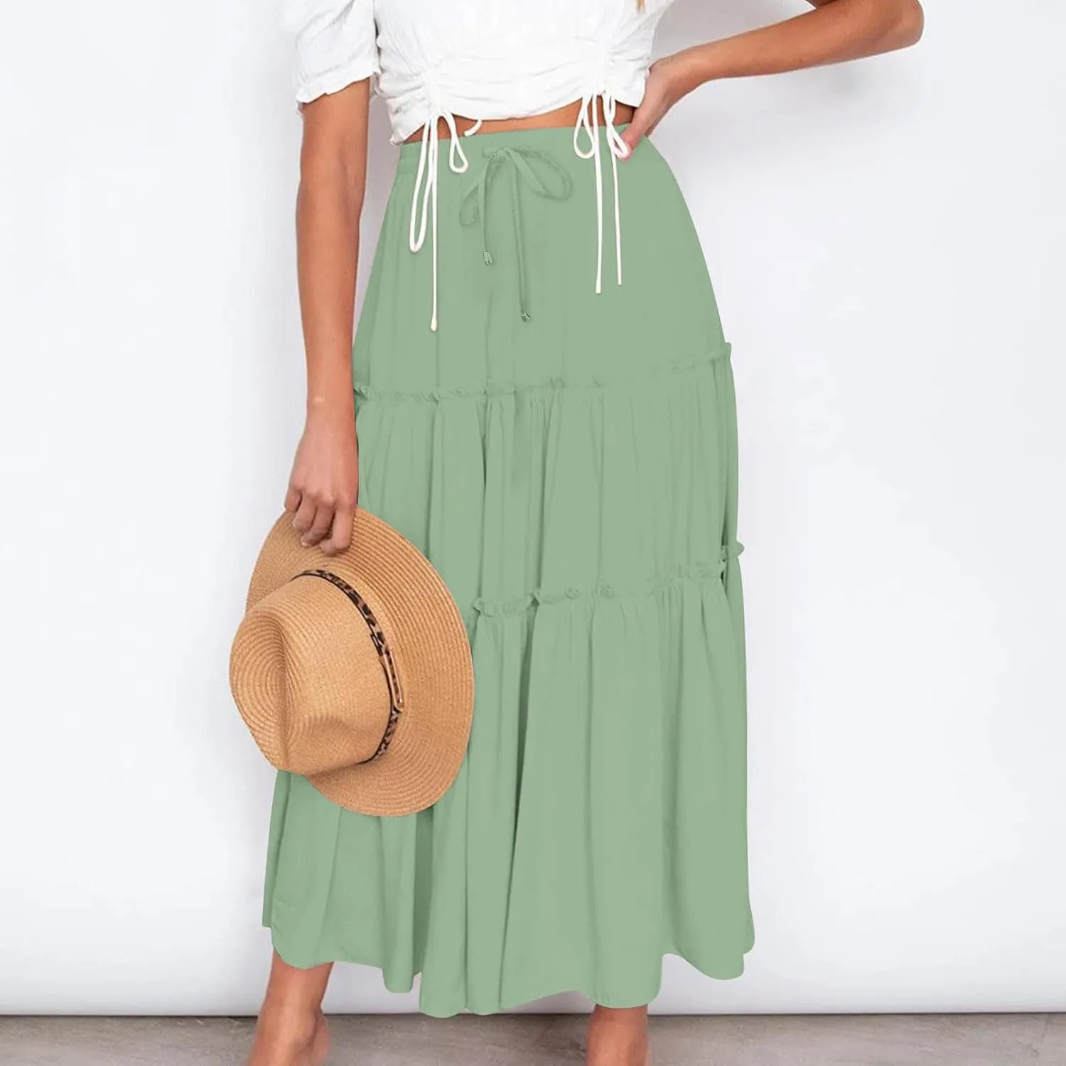 Women's Boho Maxi Skirt Summer Flowy Skirts A Line Pleated Skirts Ruffle Tiered Skirt Drawstring High Waist Skirt