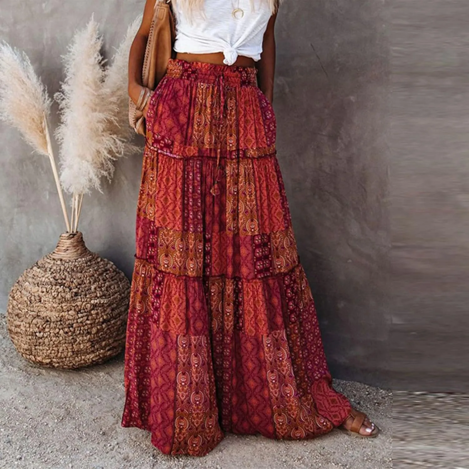 Women's Boho Maxi Skirts Floral Printed Summer Pleated Flowy A-Line Skirt High Waist Casual Long Skirts with Pockets