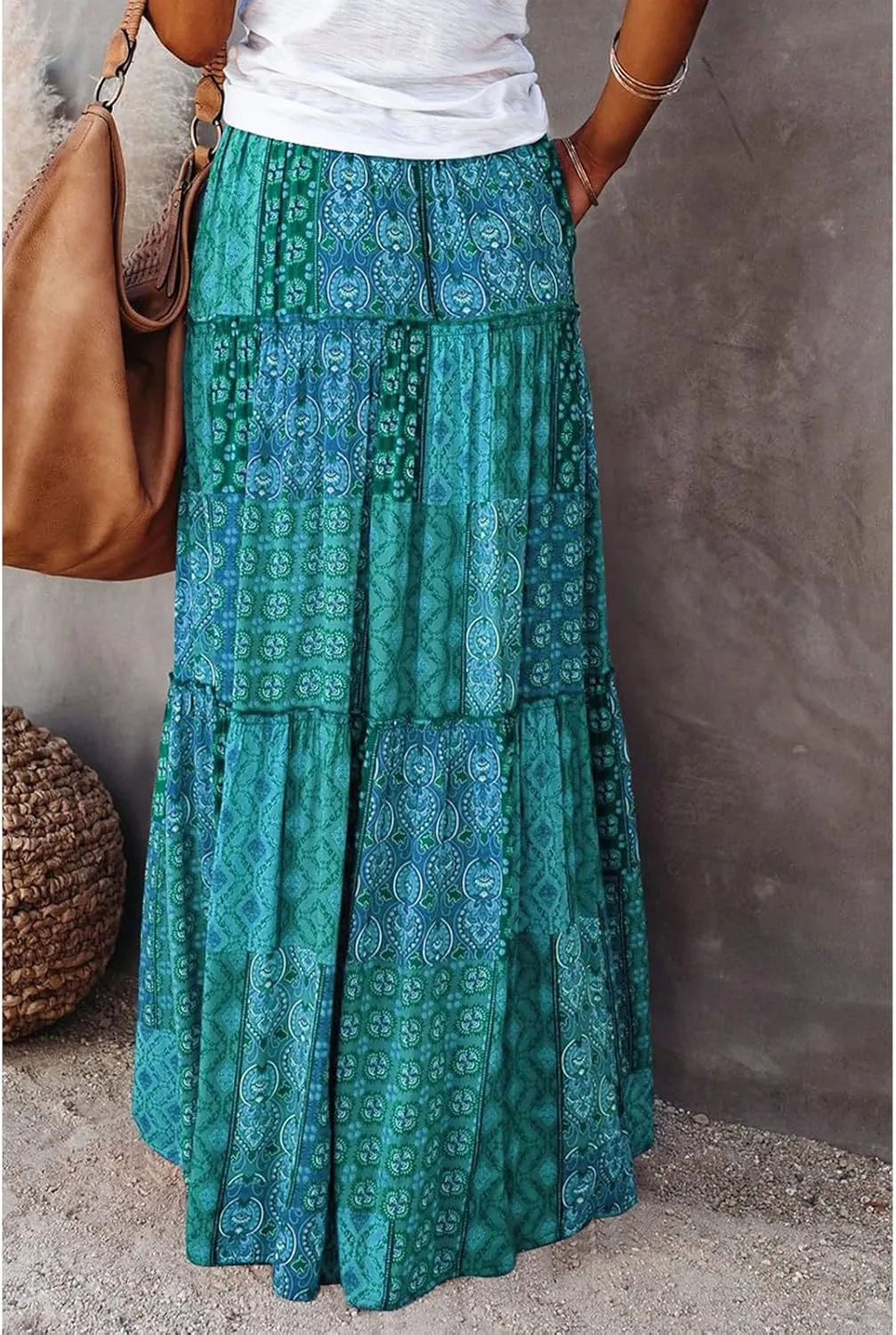 Women's Boho Maxi Skirts Floral Printed Summer Pleated Flowy A-Line Skirt High Waist Casual Long Skirts with Pockets