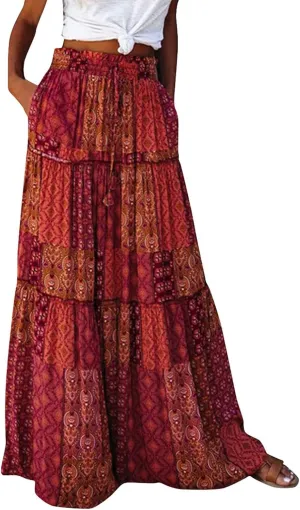Women's Boho Maxi Skirts Floral Printed Summer Pleated Flowy A-Line Skirt High Waist Casual Long Skirts with Pockets