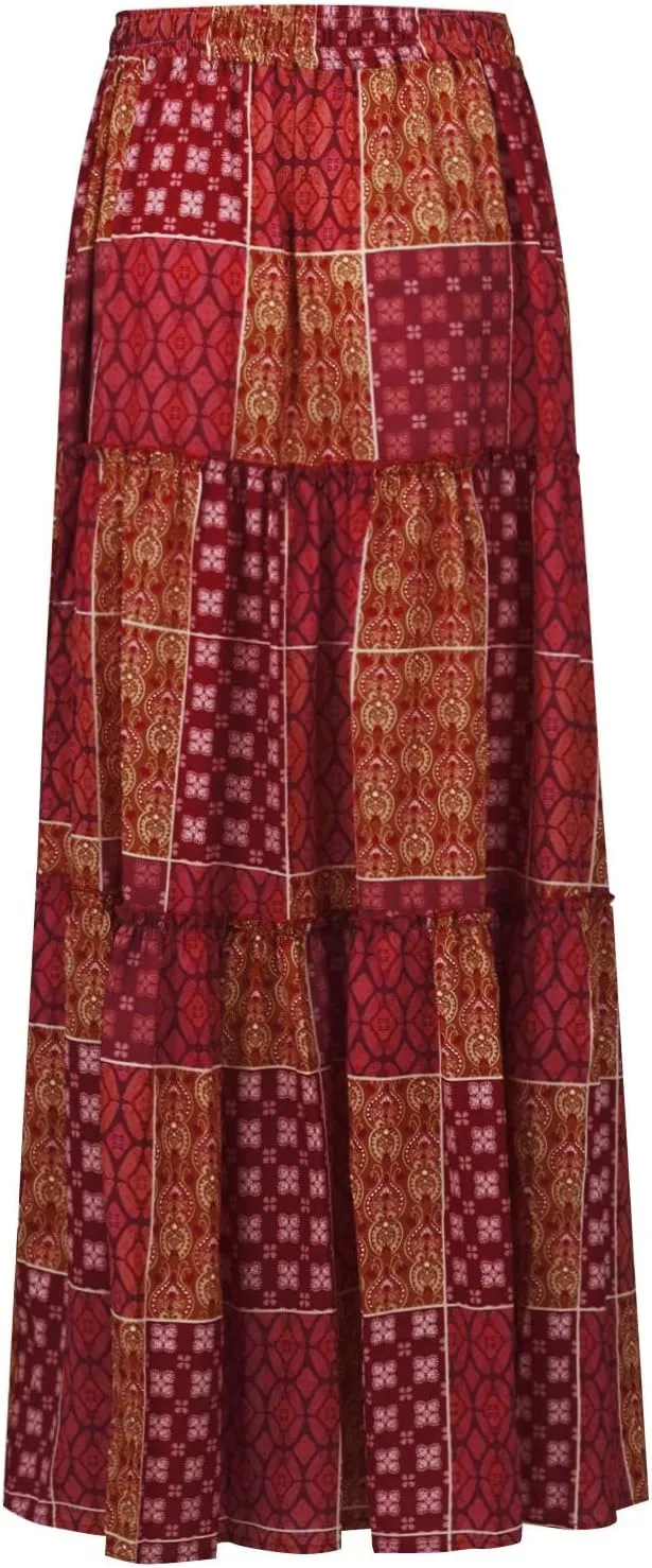 Women's Boho Maxi Skirts Floral Printed Summer Pleated Flowy A-Line Skirt High Waist Casual Long Skirts with Pockets