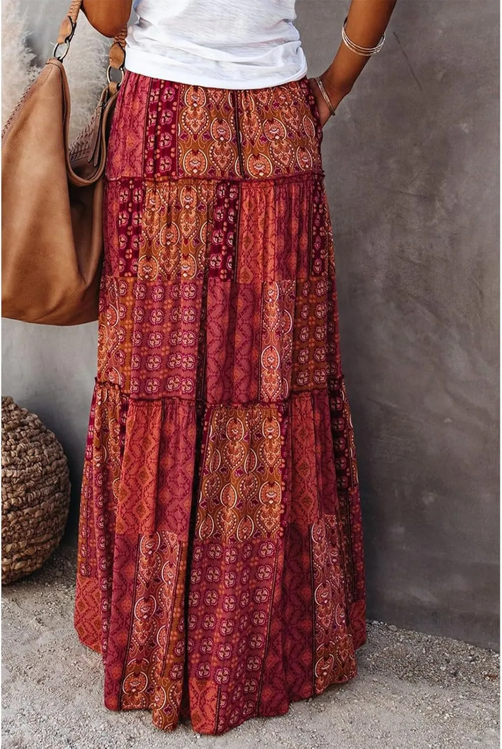 Women's Boho Maxi Skirts Floral Printed Summer Pleated Flowy A-Line Skirt High Waist Casual Long Skirts with Pockets