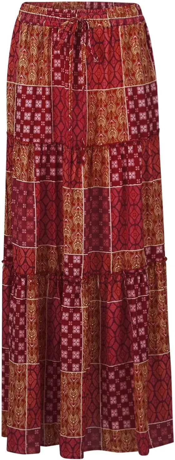 Women's Boho Maxi Skirts Floral Printed Summer Pleated Flowy A-Line Skirt High Waist Casual Long Skirts with Pockets