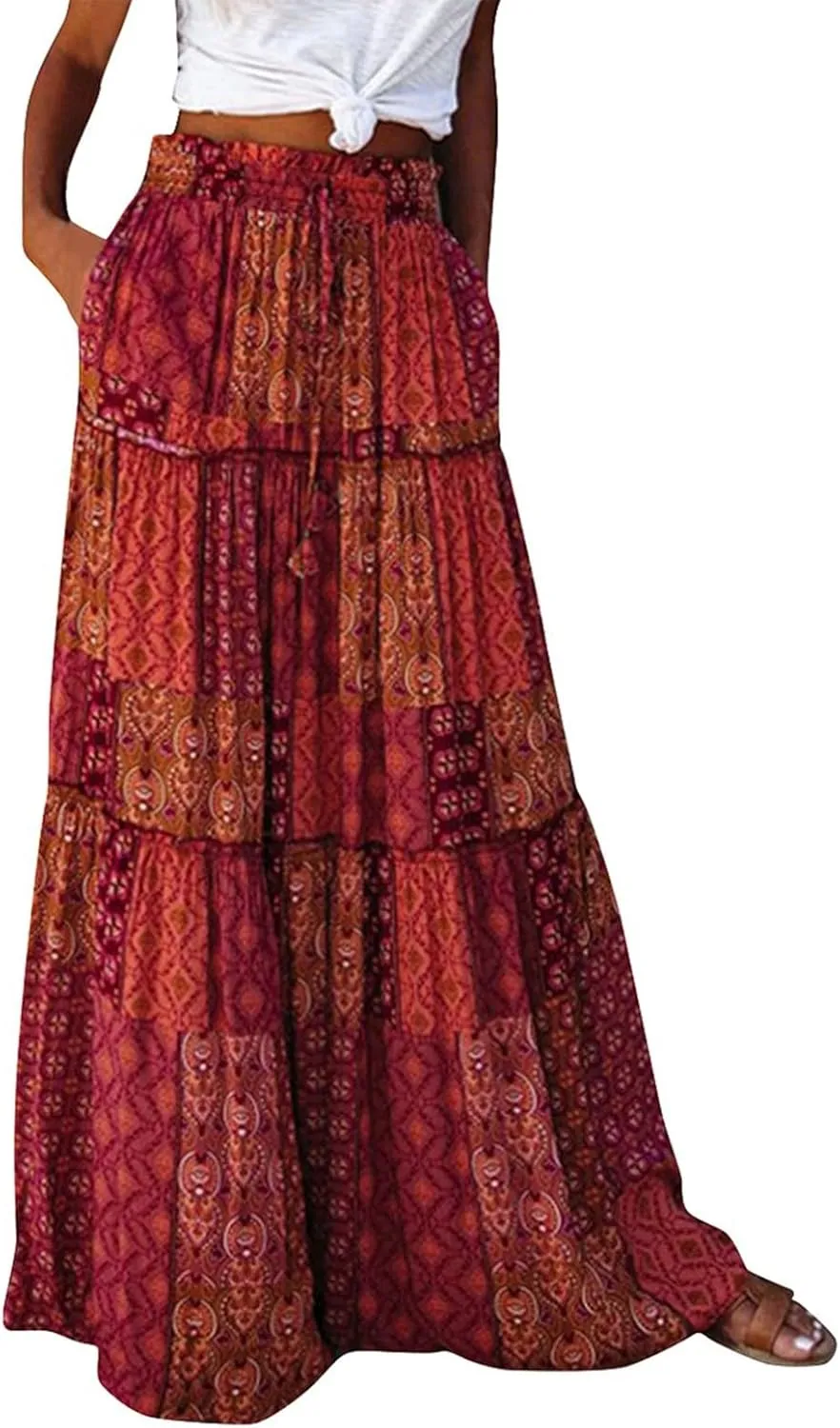 Women's Boho Maxi Skirts Floral Printed Summer Pleated Flowy A-Line Skirt High Waist Casual Long Skirts with Pockets