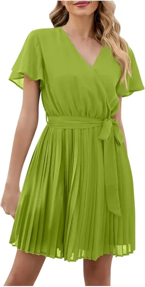 Women's Casual Dresses Ruffle Short Sleeve V-Neck Dress Swing Shift Mini Dress Summer A-Line Cocktail Dress with Belt