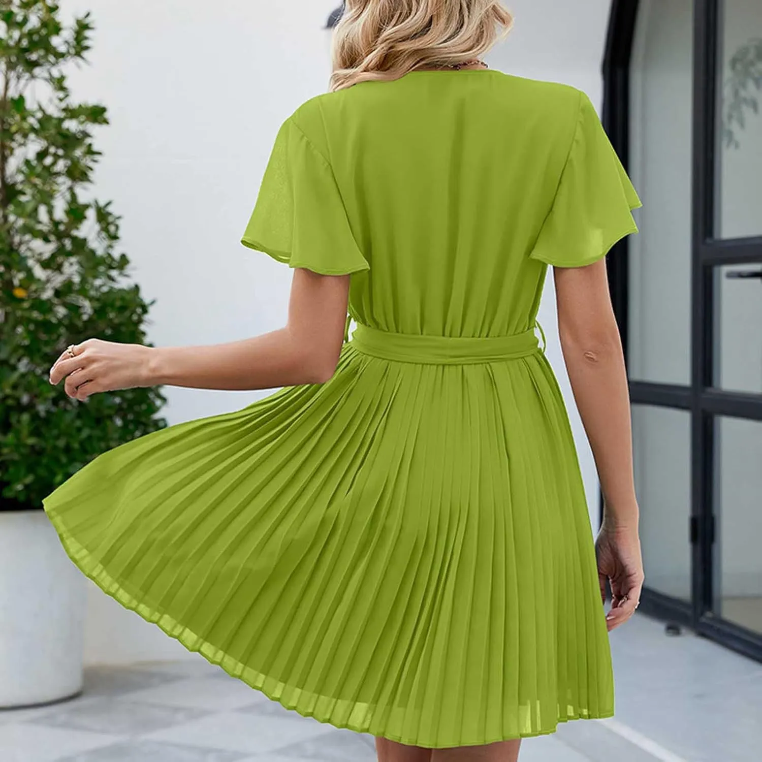 Women's Casual Dresses Ruffle Short Sleeve V-Neck Dress Swing Shift Mini Dress Summer A-Line Cocktail Dress with Belt