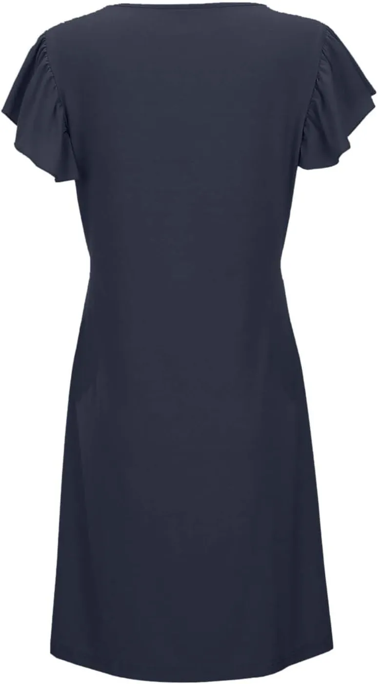 Women's Casual Summer Dresses Loose Sundress Ruffle Sleeve Mini Dresses 2025 Beach Deep V Neck Solid Color Dress