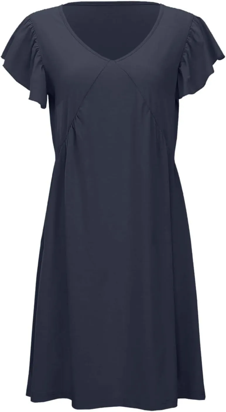 Women's Casual Summer Dresses Loose Sundress Ruffle Sleeve Mini Dresses 2025 Beach Deep V Neck Solid Color Dress